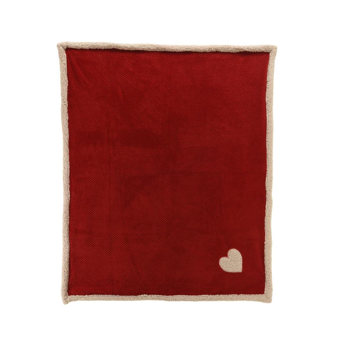 Plaid flanelle rouge broderie cœur 130x150 cm