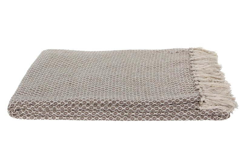 Plaid / Jeté de canapé en coton beige et écru à motifs aspect tissé avec franges 130x170cm