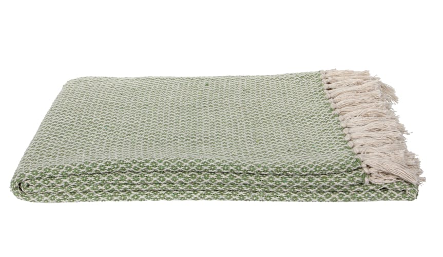 Plaid / Jeté de canapé en coton vert pastel et écru à motifs aspect tissé avec franges 130x170cm