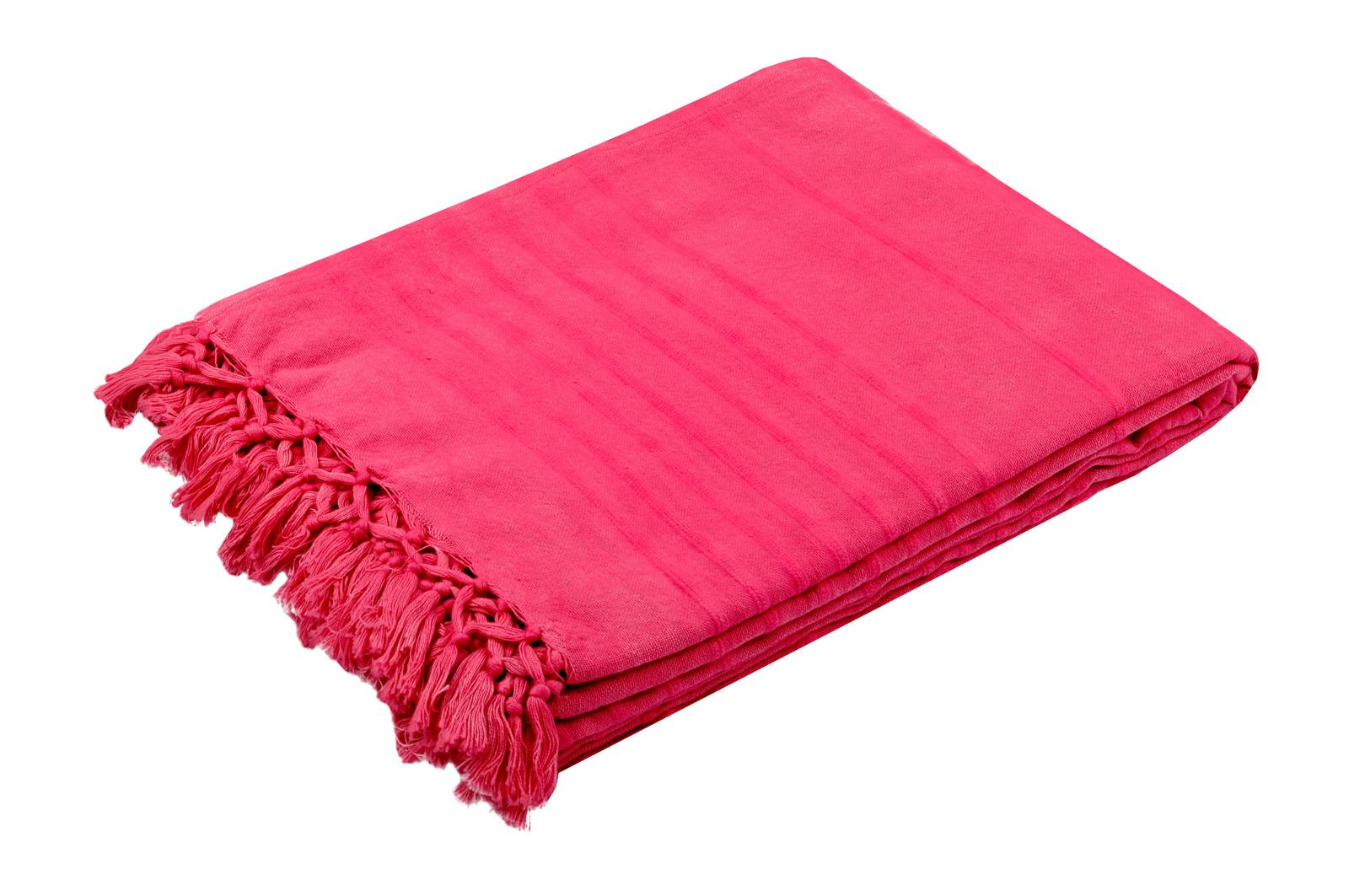 Plaid / Jeté de lit fuschia à franges 230x250cm 100% coton ROMANCY