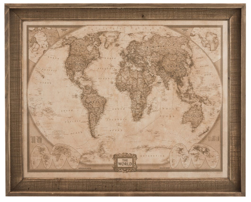 Planisphère vintage avec cadre bois sépia 75x6x60 cm ref.30022962