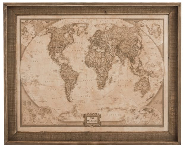 Planisphère vintage avec cadre bois sépia 75x6x60 cm ref.30022962