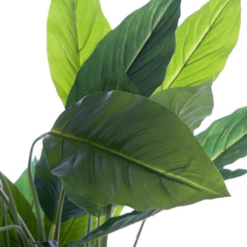Plante verte artificielle longues feuilles dans pot en céramique bicolore blanc cassé et gris H120cm