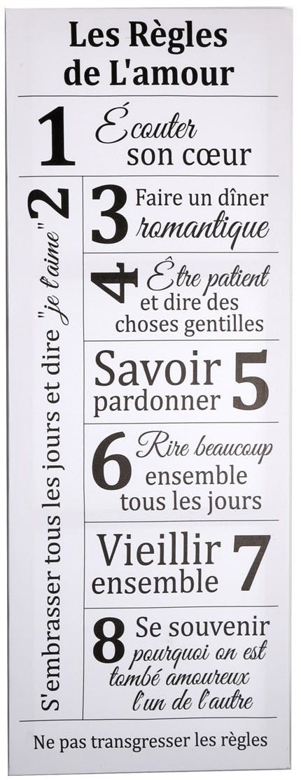 Plaque message blanche "les règles de l'amour"