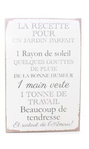 Plaque message "La Recette pour un Jardin Parfait" en bois blanc 30x20cm