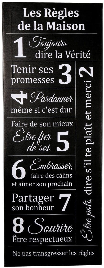 Plaque message noire "les règles de la maison"