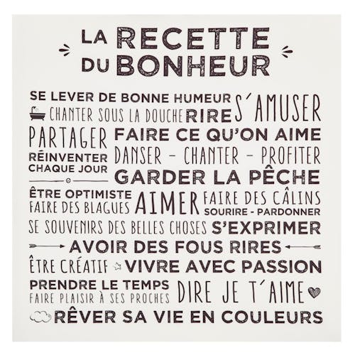 Plaque message sur toile imprimé "Recette du Bonheur" coloris blanc 38x38cm