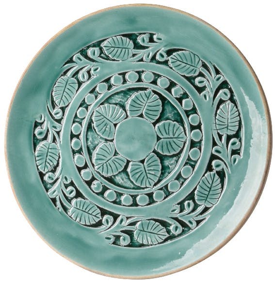 Plat en bois sculpté bleu turquoise D40cm