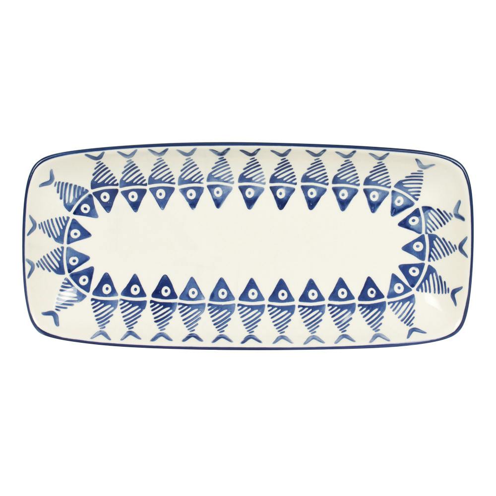 Plat rectangle décor Poissons en céramique écrue et bleue 30x14cm