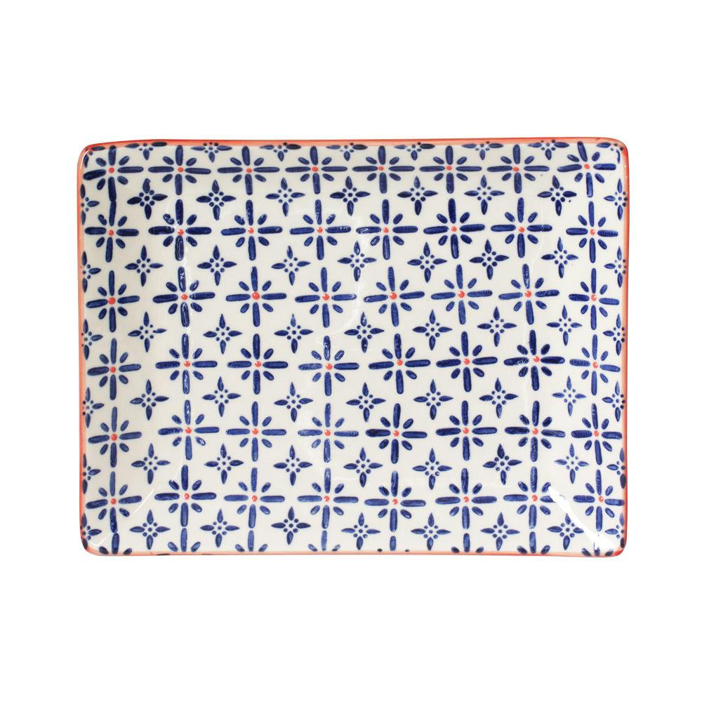 Plateau 21x17cm céramique blanc à motifs coloris bleu et orange USHUAIA