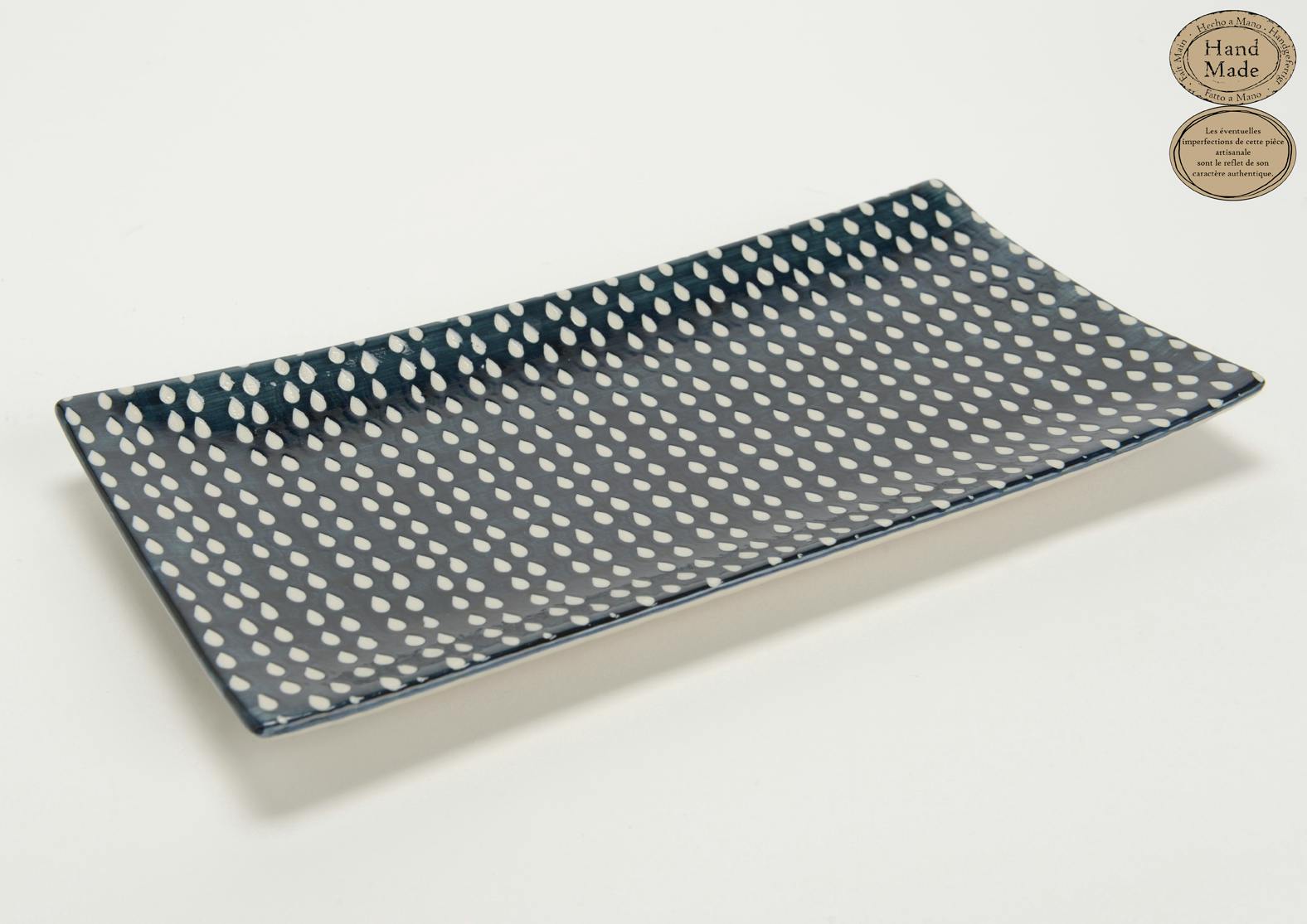 Plateau artisanal rectangle grès bleu et blanc avec motifs gouttes 32x16cm