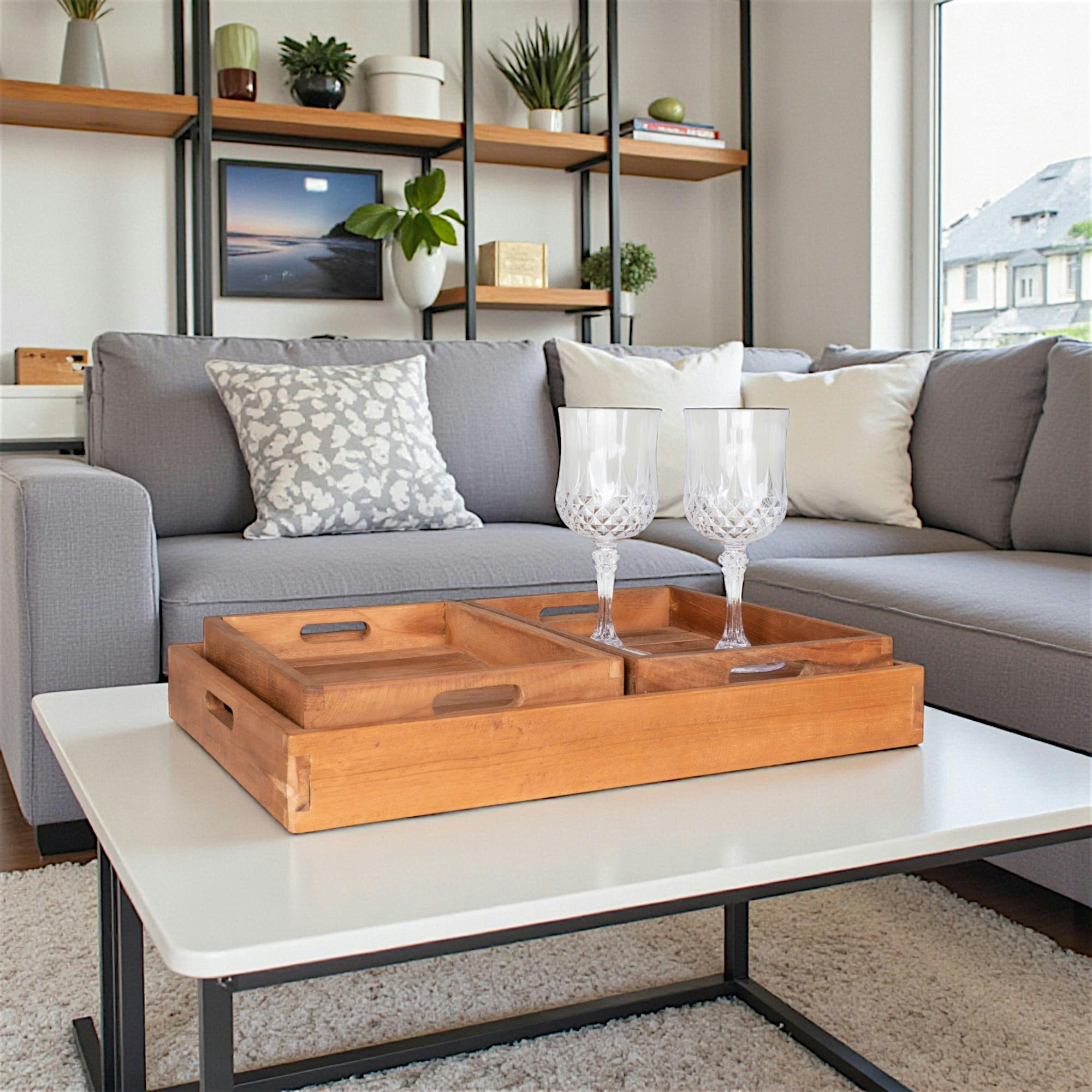 Plateau de service à anses en bois teck (ensemble de 3)