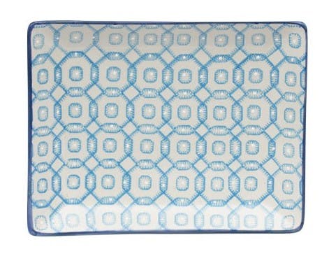 Plateau décor géométrique façon carrés arrondis céramique tons bleus clairs 21x17cm