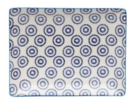 Plateau décor géométrique façon cercles céramique tons bleus foncés 21x17cm