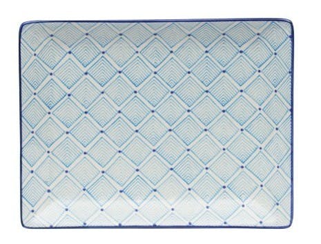 Plateau décor géométrique façon losanges céramique tons bleus clairs 21x17cm