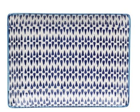 Plateau décor géométrique façon zigzag céramique tons bleus foncés 21x17cm