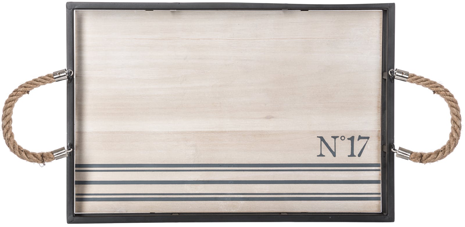 Plateau en bois et métal avec anses rayures grises "N°17" 37x25cm