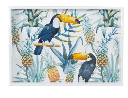 Plateau rectangle en bois décor Toucan Ananas 43x30cm