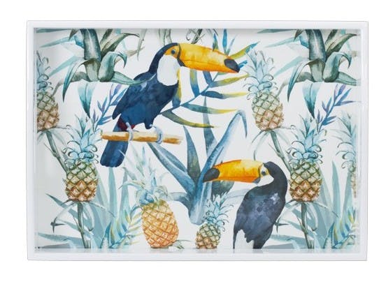 Plateau rectangle en bois décor Toucan Ananas 46x33cm
