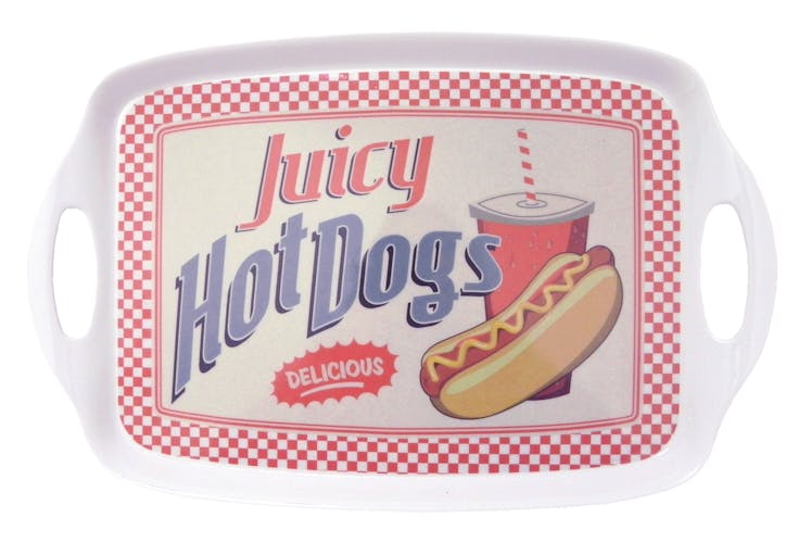 Plateau rétro vintage "Juicy Hot Dogs" mélamine avec poignées 40x26x2,5cm