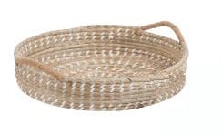 Plateau rond avec 2 anses en rotin naturel et blanc D40xH8cm