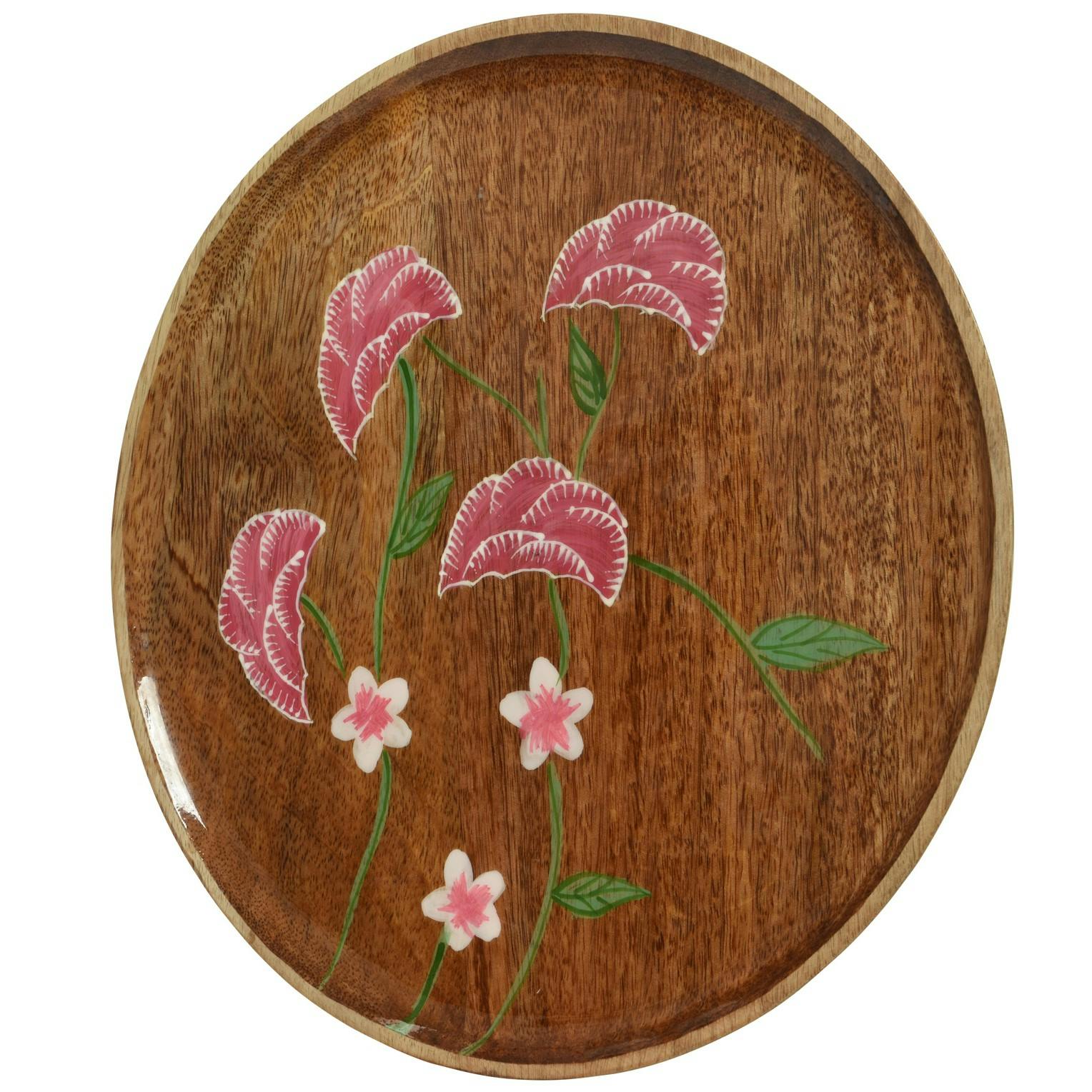 Plateau rond en bois de manguier décor floral