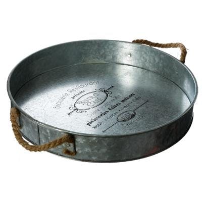 Plateau rond en métal gris à anses ambiance café parisien D35cm