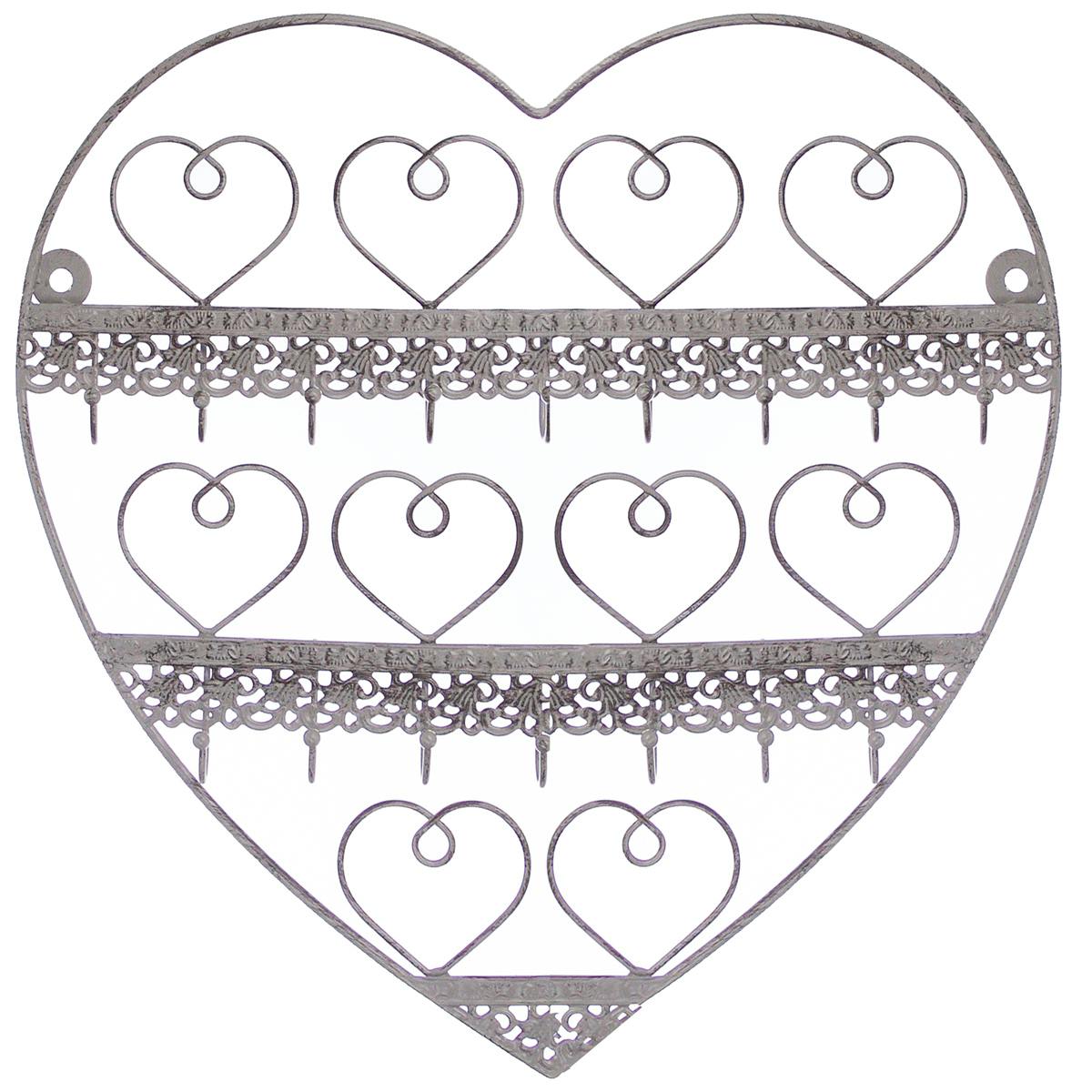 Porte bijoux mural c?ur romantique en fer gris effet vieilli 30x12x30cm