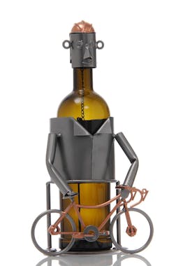 Porte bouteille Cycliste avec son vélo et son casque sur la tête en métal 24xH18cm - Coloris alu et cuivre