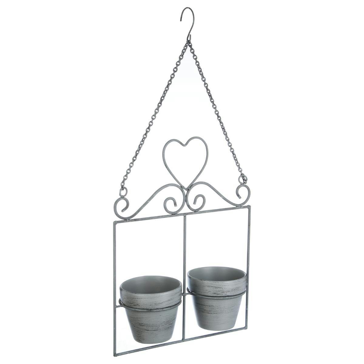 Porte plante en métal gris à suspendre décor c?ur 2 pots en argile 29x11x38cm