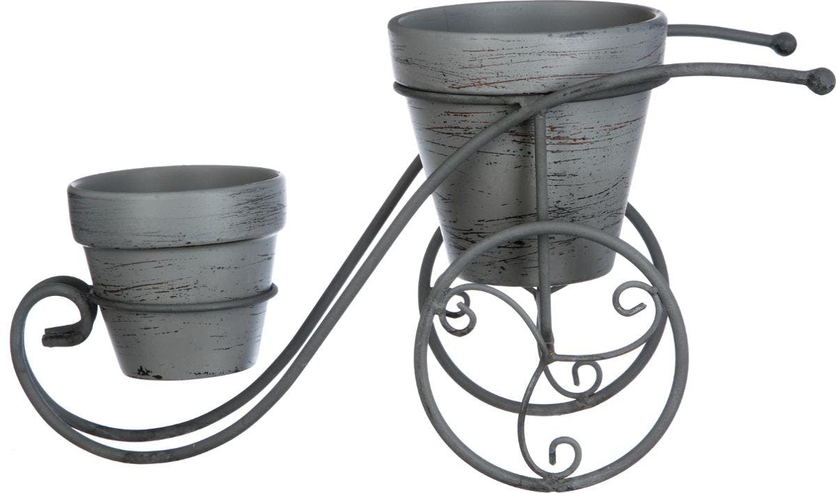 Porte plante forme brouette en métal gris 2 pots en argile 43x19x21cm