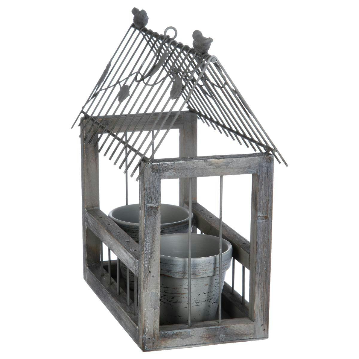 Porte plante forme maison décor oiseaux en bois et métal gris 2 pots en argile 19x18x39cm