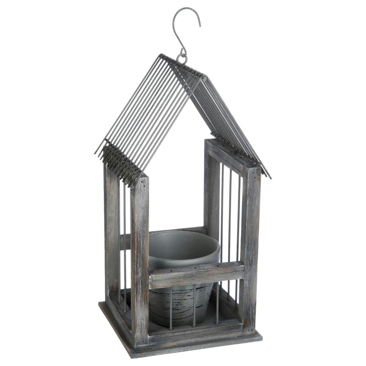 Porte plante forme maison en métal et bois gris 1 pot en argile 19x18x36cm