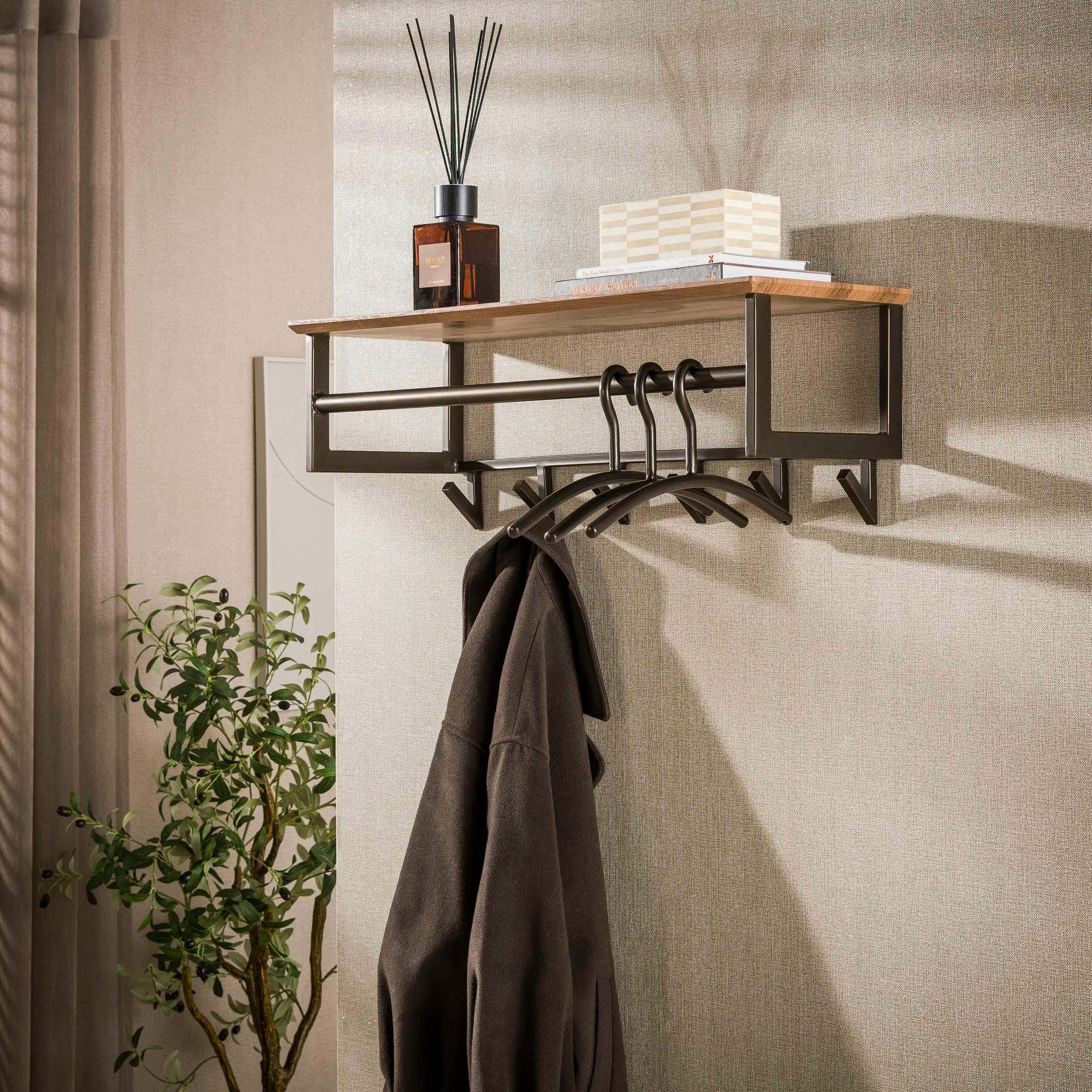 Portemanteau mural bois métal bronze 6 crochets HELSINKI