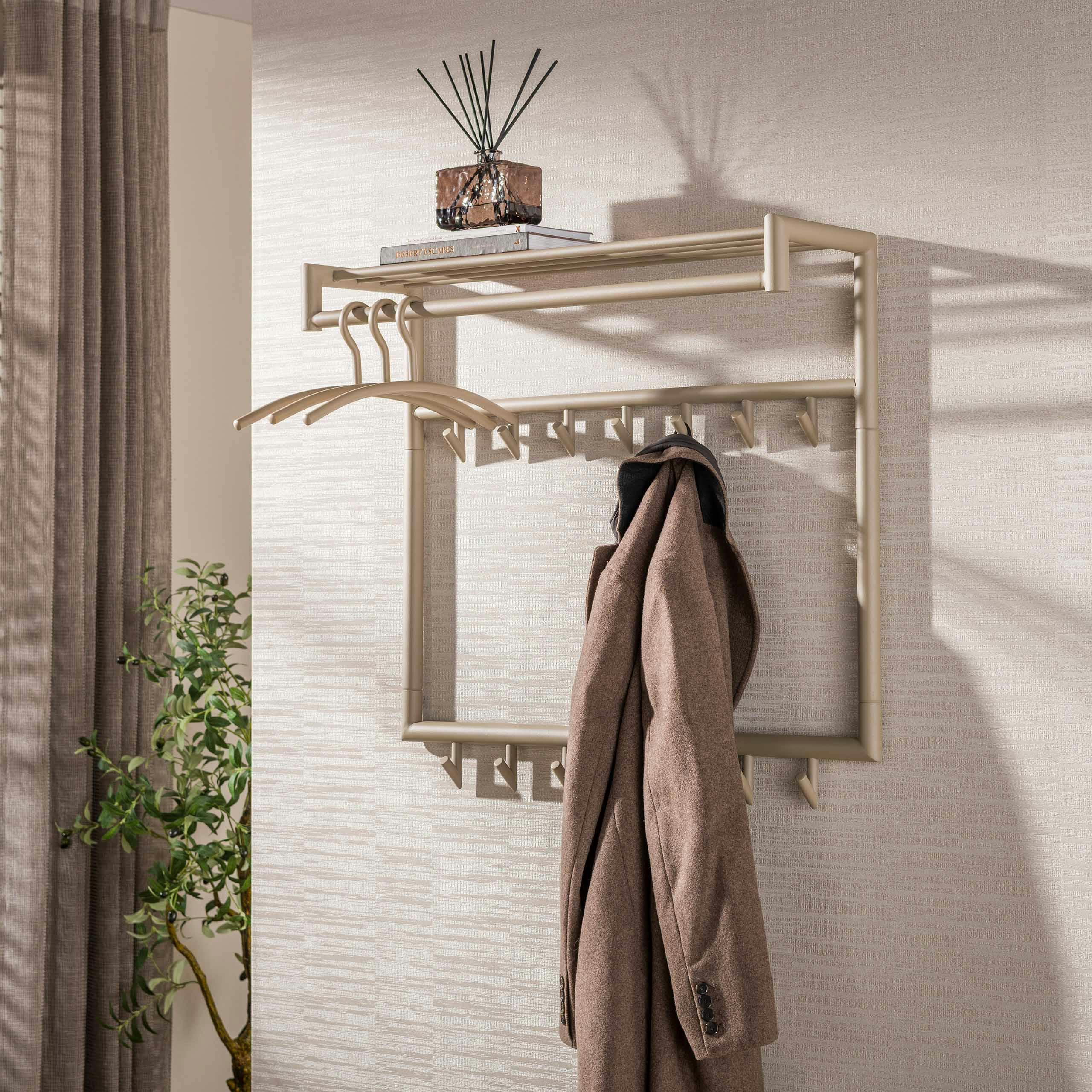 Portemanteau mural en métal beige 14 crochets 1 tringle RALF