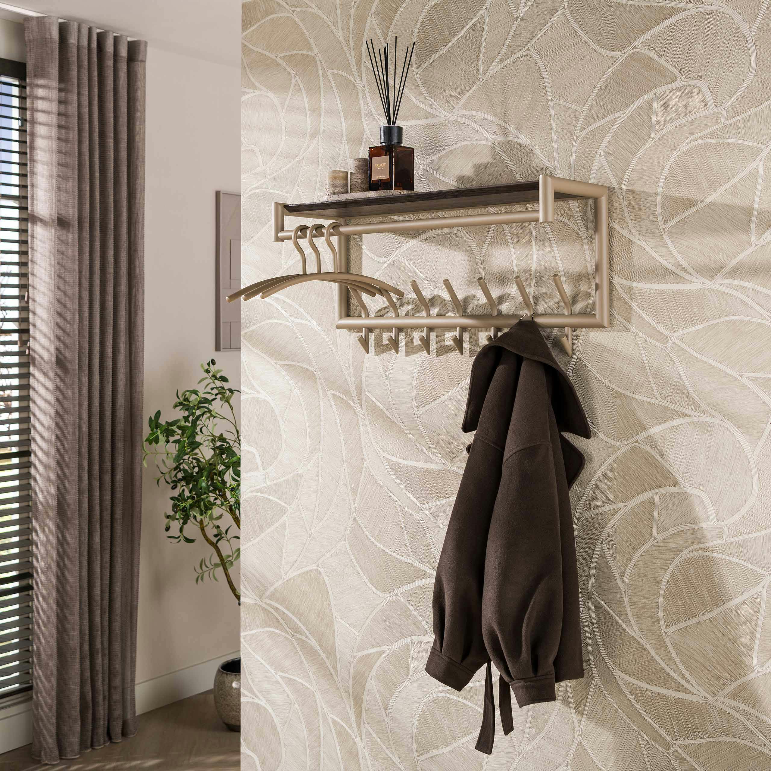 Portemanteau mural métal beige 14 crochets 1 étagère RALF