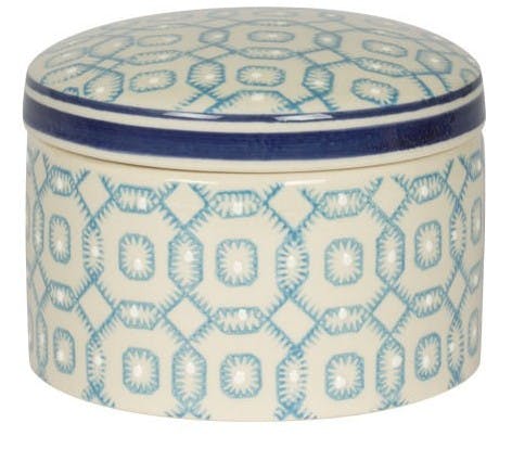 Pot avec couvercle décor géométrique façon carrés arrondis céramique tons bleus clairs D10xH9cm