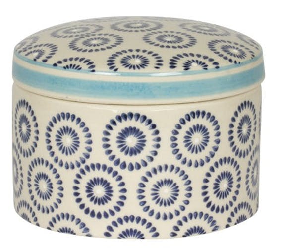 Pot avec couvercle décor géométrique façon cercles céramique tons bleus foncés D10xH9cm