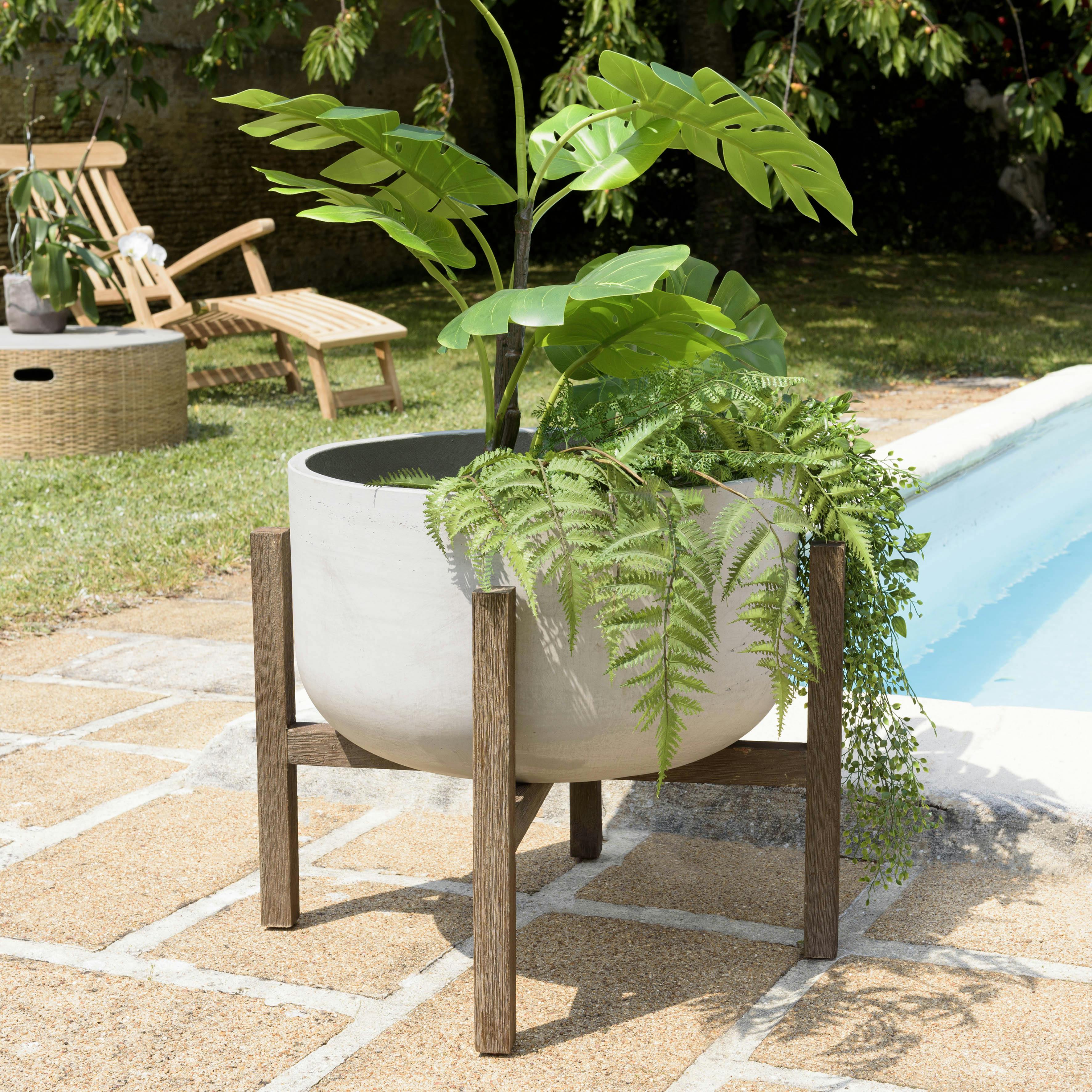 Pot de fleurs rond en béton pieds acacia D53 cm HERCULE