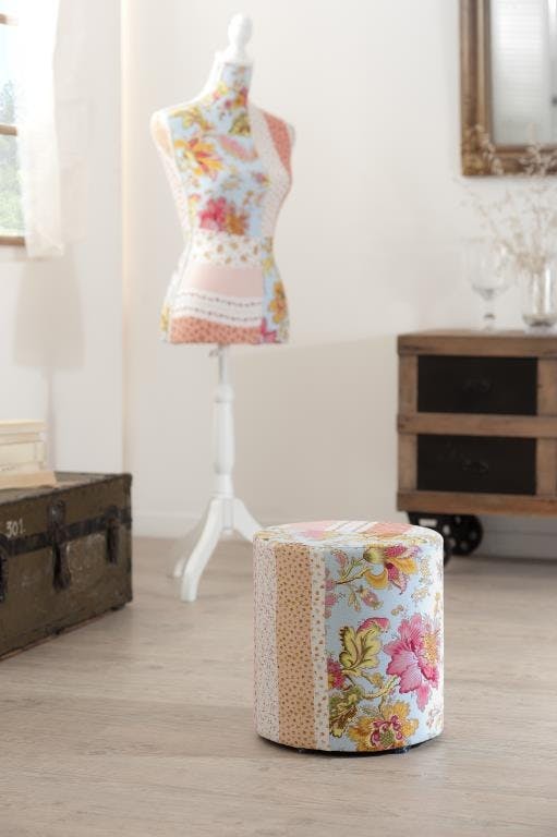 Pouf bas rond tissu fleuri multicolore 31x31x34cm VALENTINE