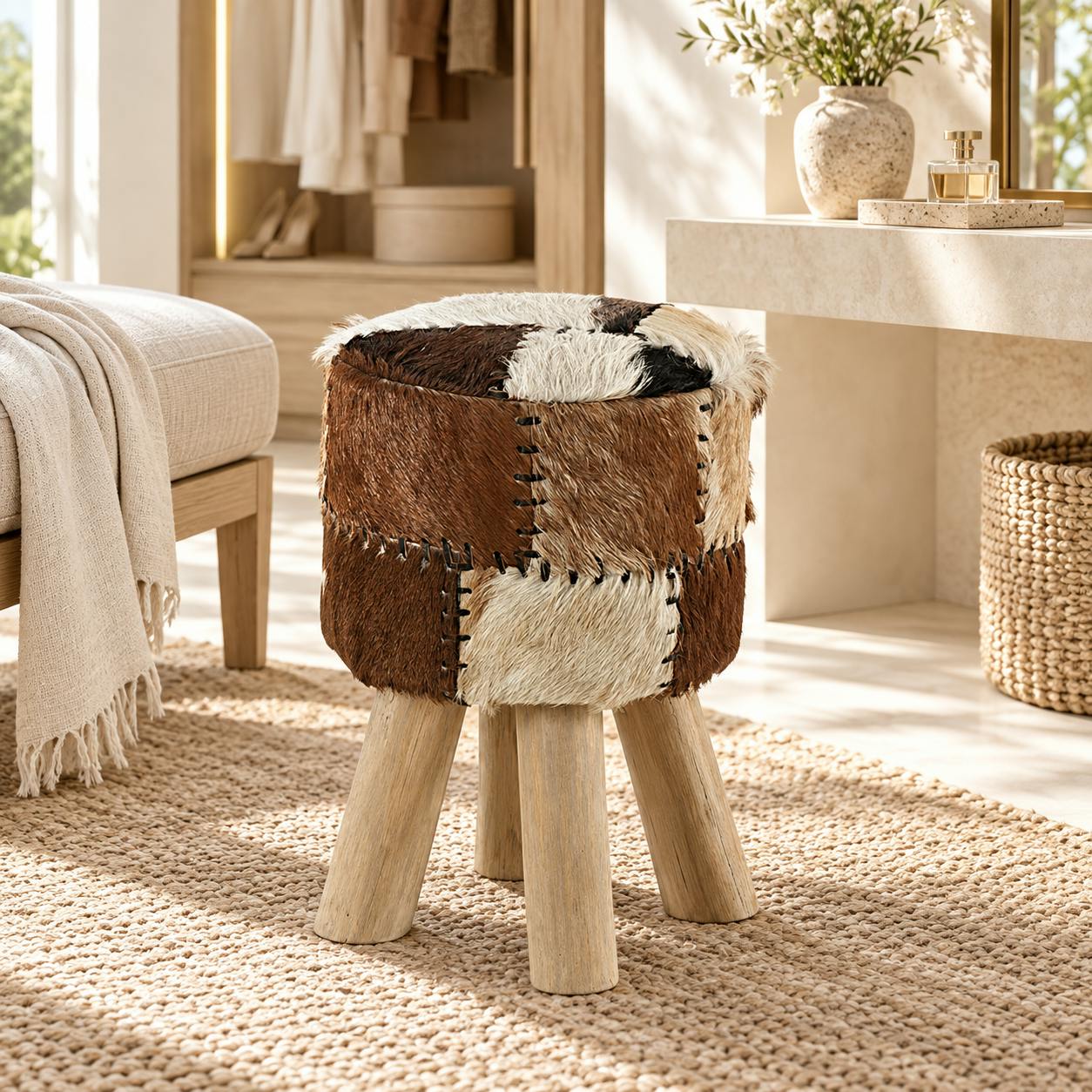 Pouf bois de teck peau Lampang