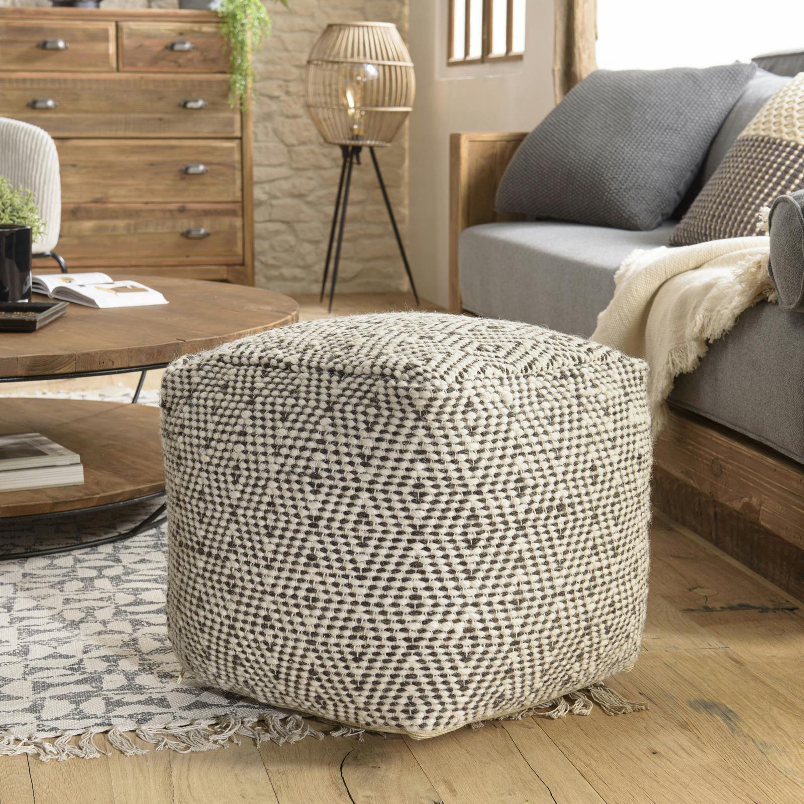 Pouf carré à motifs gris et crème TIM
