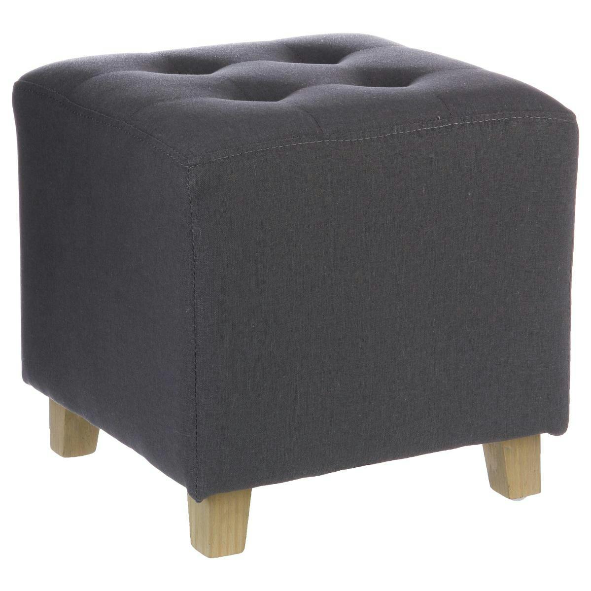 Pouf carré capitonné en tissu gris anthracite et pieds bois 35x35x35cm