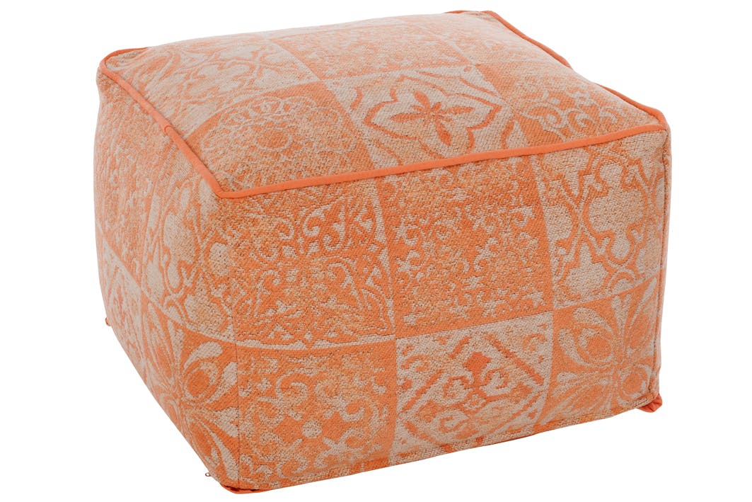 Pouf carré en coton, tissage chenille et coloris corail 60x60x40cm
