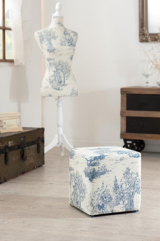 Pouf carré tissu jouy bleu VALENTINE 31X31X33cm