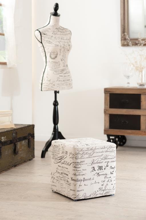Pouf carré tissu lin écru texte VALENTINE 31X31X33cm