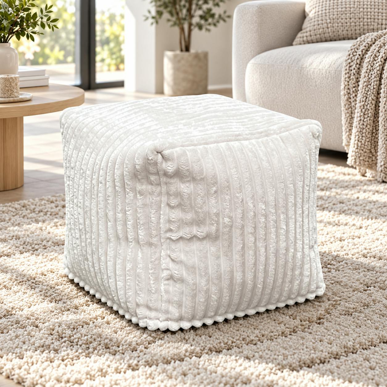 Pouf carré velours grosses côtes blanc VISBY