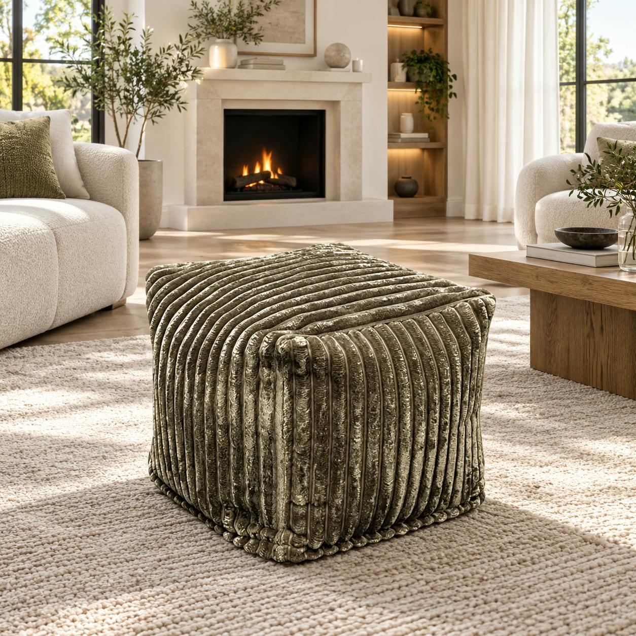 Pouf carré velours grosses côtes kaki VISBY