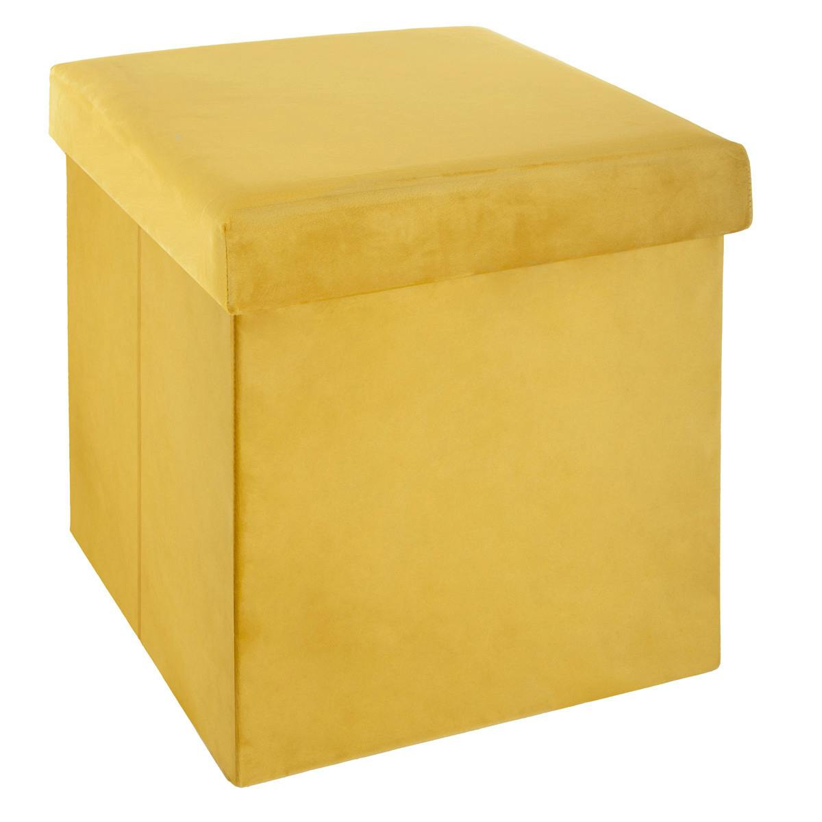 Pouf coffre pliable revêtement en velours jaune 38x38cm