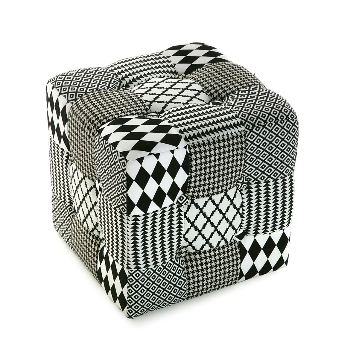 Pouf cube capitonné en tissu Patchwork blanc et noir 35x35x35cm URBAN
